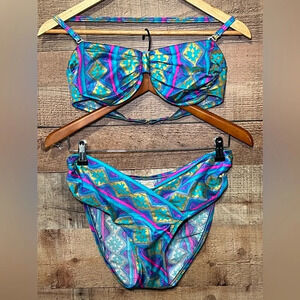 JANTZEN Vintage Metallic Bikini Women’s size 14 HiCut Aztec V-Front